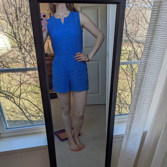 Blue lace Romper with Pockets - Picture 1 of 7